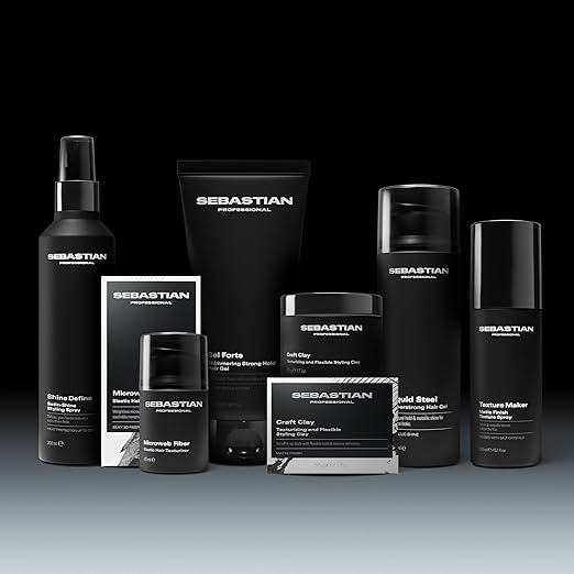 Collection of Sebastian hair care styling products on a black background