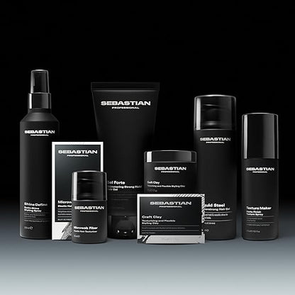 Collection of Sebastian hair care styling products on a black background