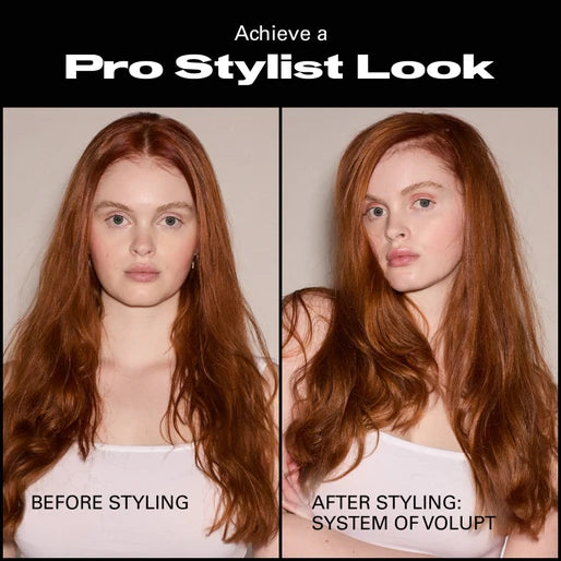 Before and after styling comparison of a woman's hair with text 'Achieve a Pro Stylist Look' using Sebastian Volupt volumizing spray gel
