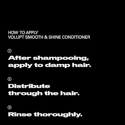 Instructions for applying Volupt Smooth & Shine Conditioner on a black background