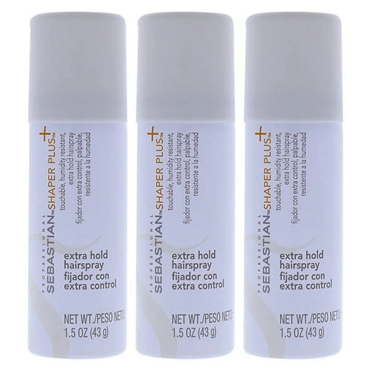 Three bottles of Sebastian Shaper Plus extra hold hairspray travel 3 pack on a white background