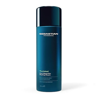 Blue bottle of Sebastian Twisted Curl Magnifier Styling Cream on a white background
