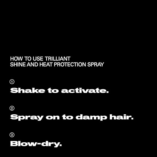 Instructions for using Trilliant Shine and Heat Protection Spray on a black background