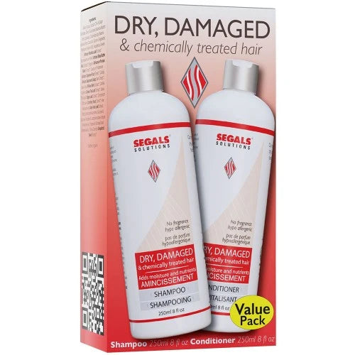 Segal's Solutions shampoo and conditioner set for dry, damaged, and chemically treated hair in packaging.