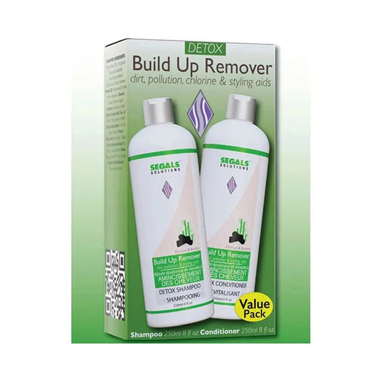 Segals Solutions Detox Build Up Remover kit containing a 200ml bottle of Detox Shampoo and a 200ml bottle of Detox Conditioner, presented in its green and white retail packaging box.