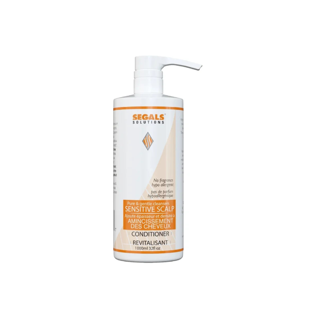 A white pump bottle of Segals Solutions Sensitive Scalp Conditioner with orange and beige accents on the label, set against a plain white background.