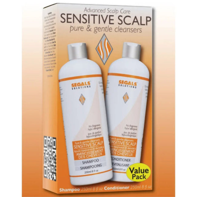 Segals Solutions Sensitive Scalp shampoo and conditioner value pack in an orange and white box, featuring two white bottles with orange and gray labels.