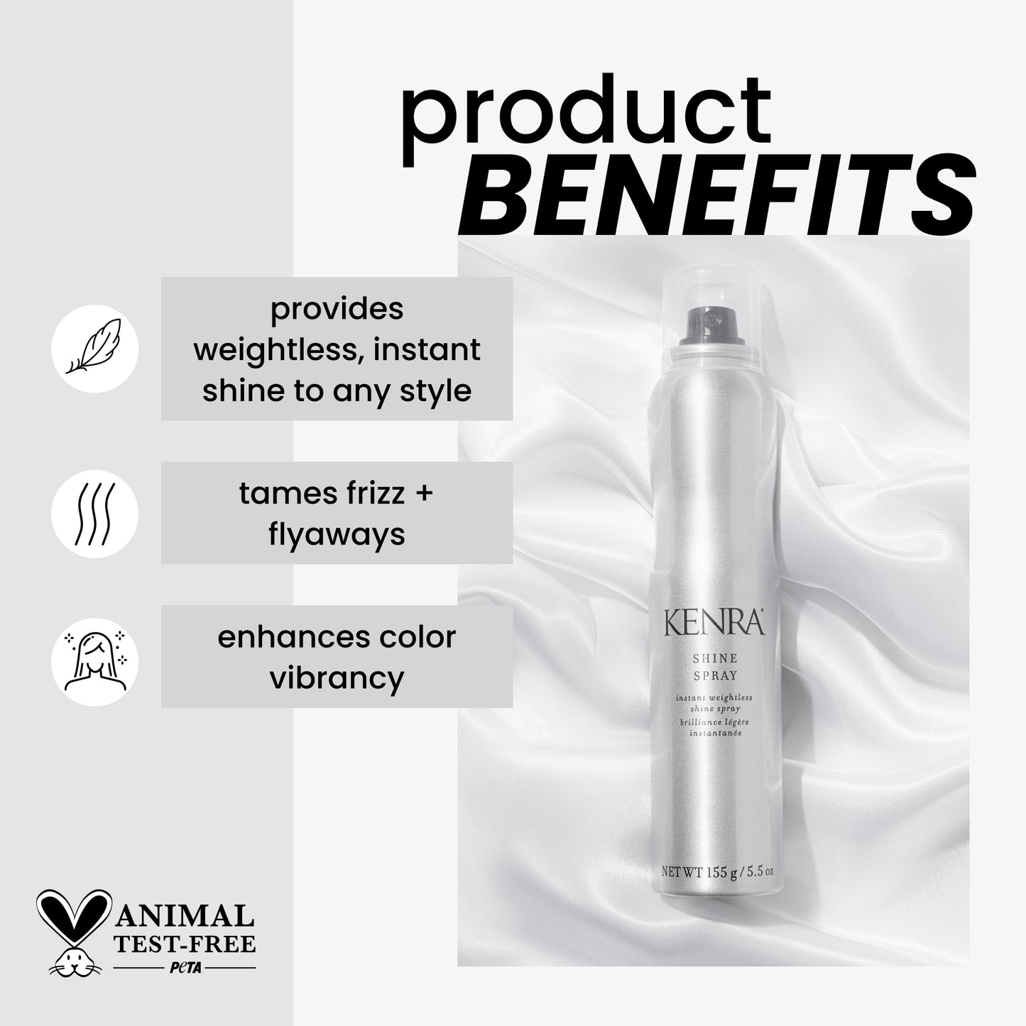Kenra hair spray bottle with product benefits listed on a white background