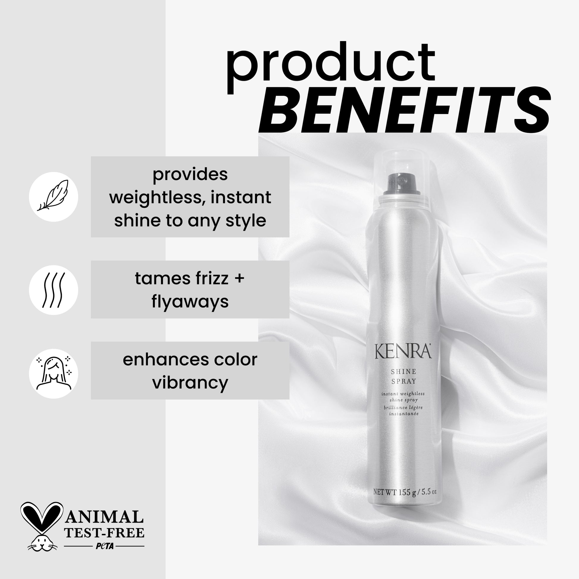 Kenra hair spray bottle with product benefits listed on a white background