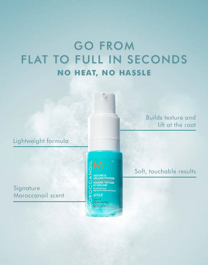 Blue bottle of hair product with text on a light blue background