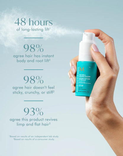 Hand holding a blue hair product bottle with text on a light gray background