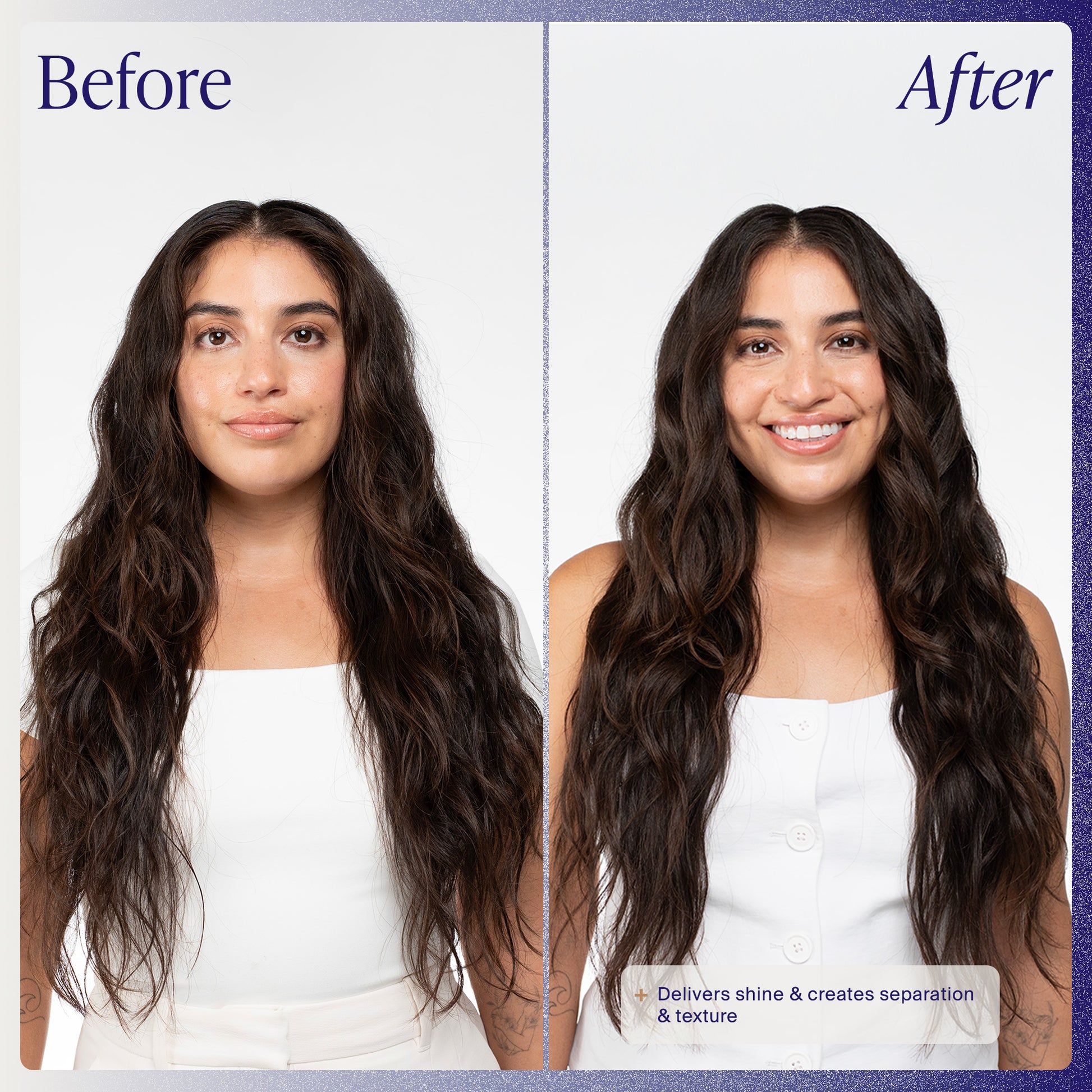 Before and after comparison of a woman with long hair, showing the product's effect.