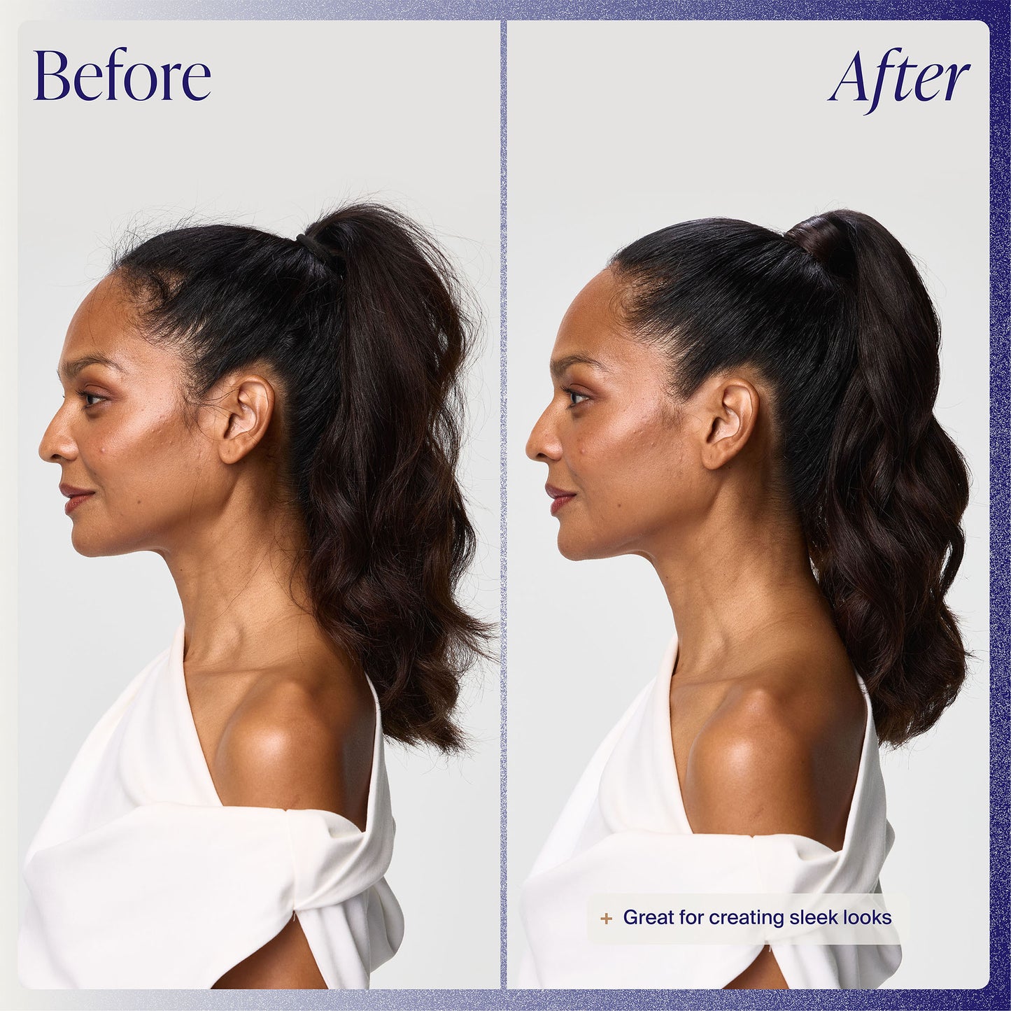 Before and after comparison of a woman's hairstyle with text 'Great for creating sleek looks'.