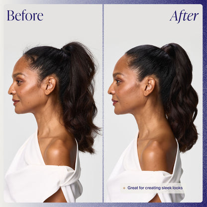 Before and after comparison of a woman's hairstyle with text 'Great for creating sleek looks'.