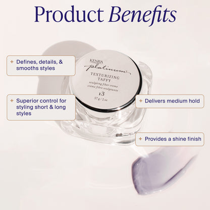 Kendra Platinum texturizing taffy product with benefits listed on a white background