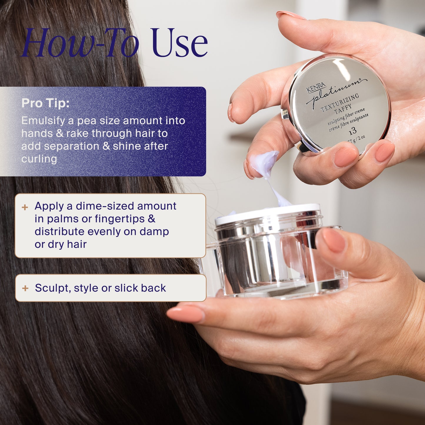 Hair product packaging with application instructions and a close-up of hair.