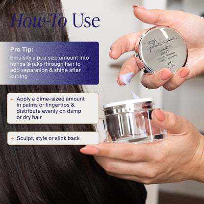 Hair product packaging with application instructions and a close-up of hair.