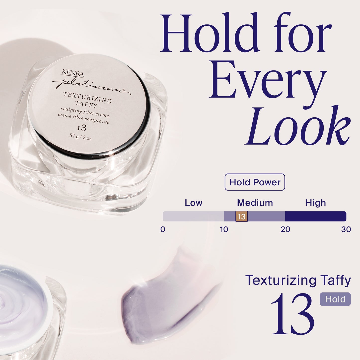Kendra Platinum Texturizing Taffy jar with text 'Hold for Every Look' and a hold power scale.