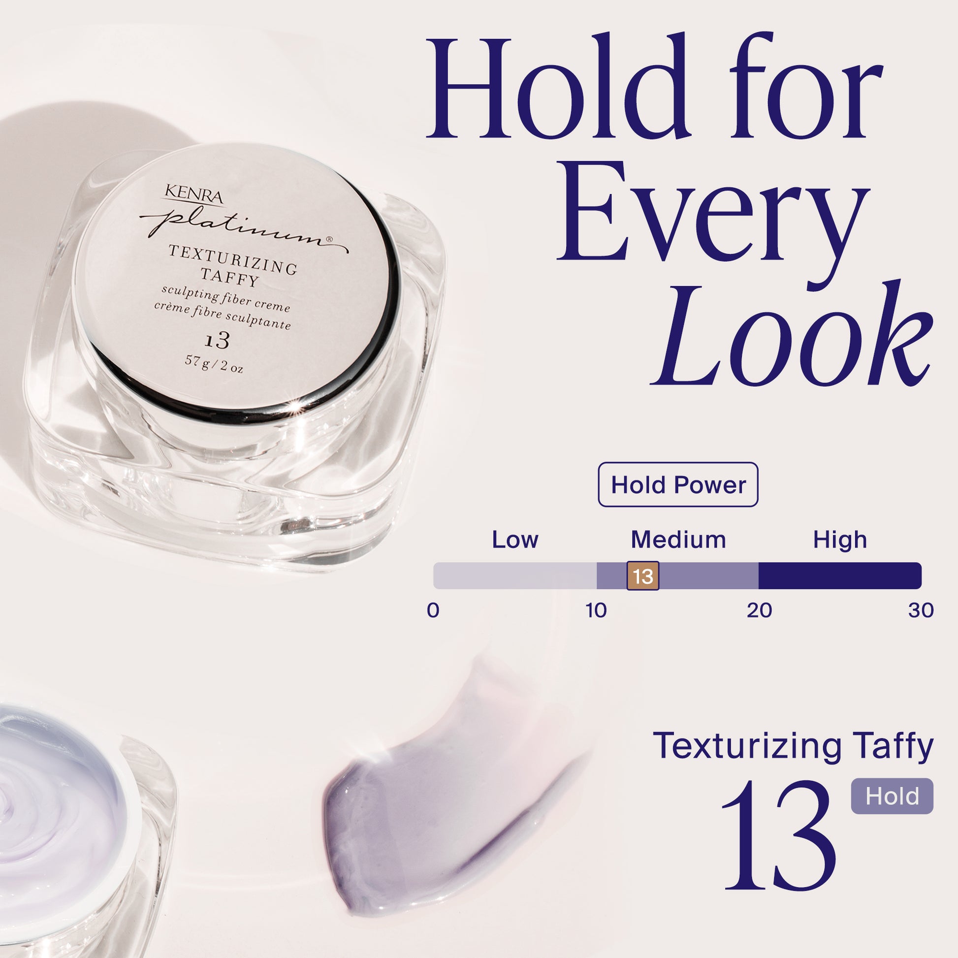 Kendra Platinum Texturizing Taffy jar with text 'Hold for Every Look' and a hold power scale.