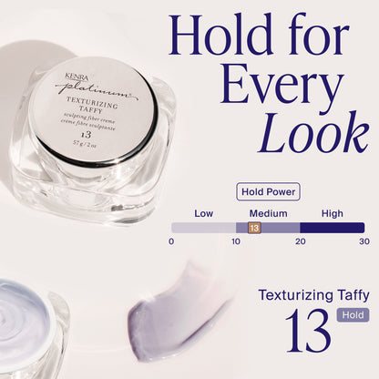 Kendra Platinum Texturizing Taffy jar with text 'Hold for Every Look' and a hold power scale.