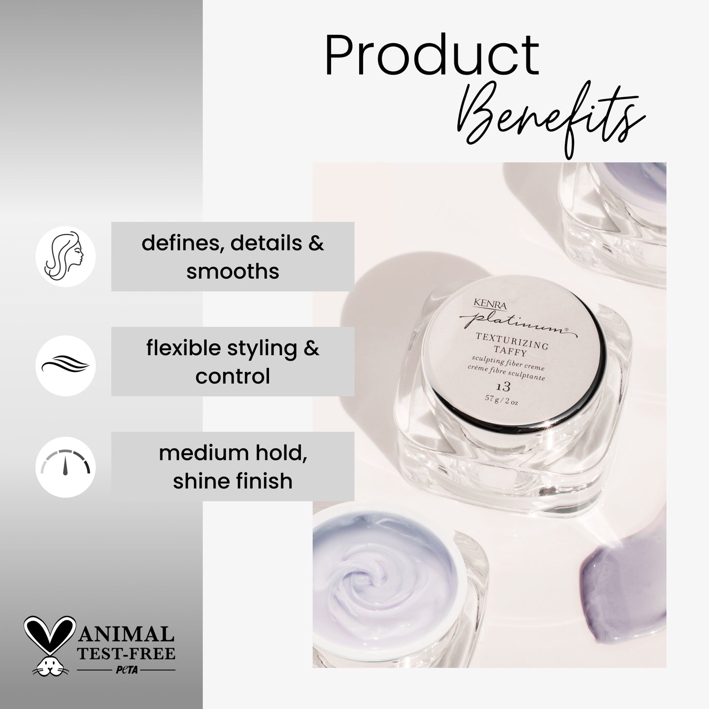 Kenra texturizing taffy hair product with benefits listed on a white background