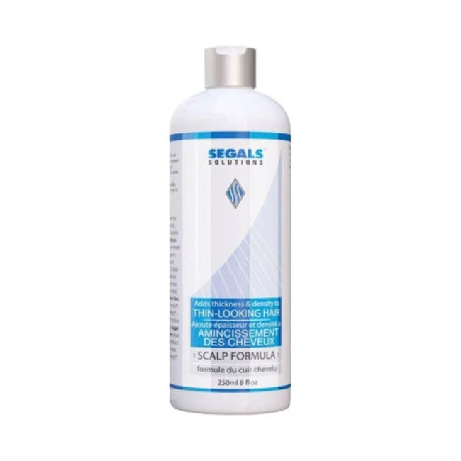 A 250ml bottle of Segals Solutions Scalp Formula for thinning hair, featuring a white bottle with a silver cap and blue and white label details, set against a plain white background.