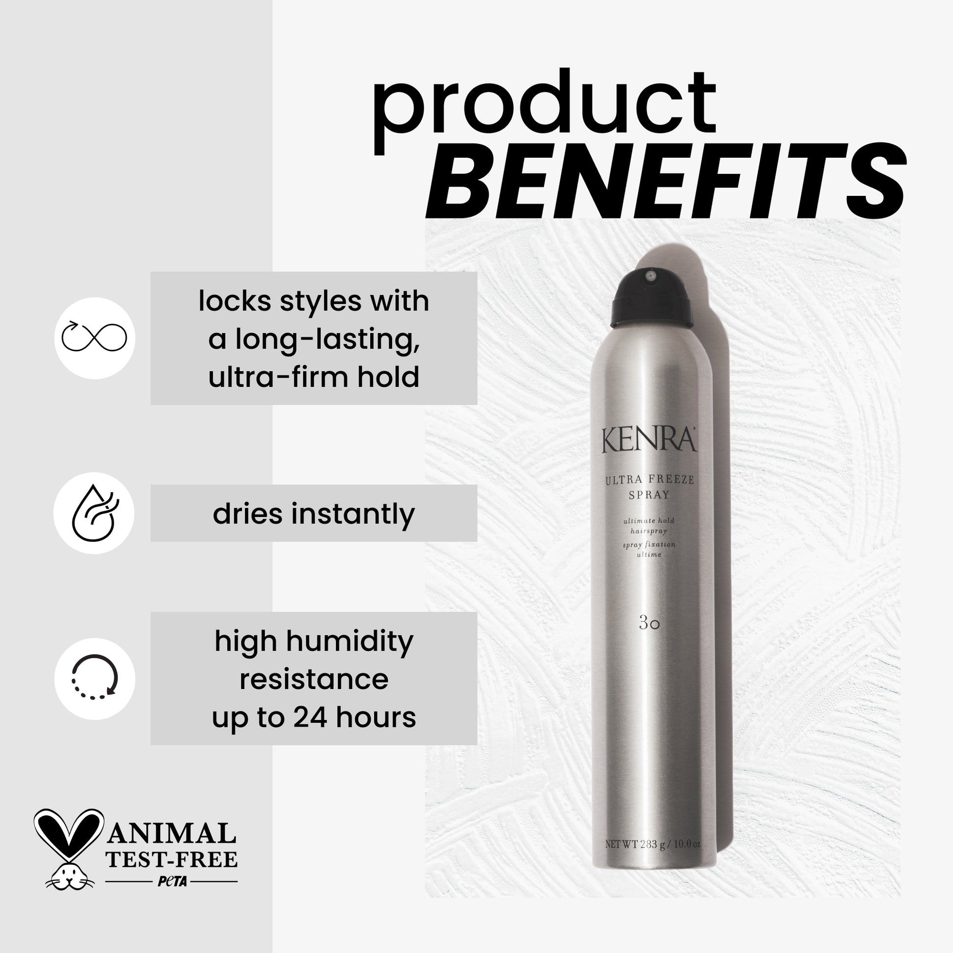Kenra hair spray bottle with product benefits listed on a white background