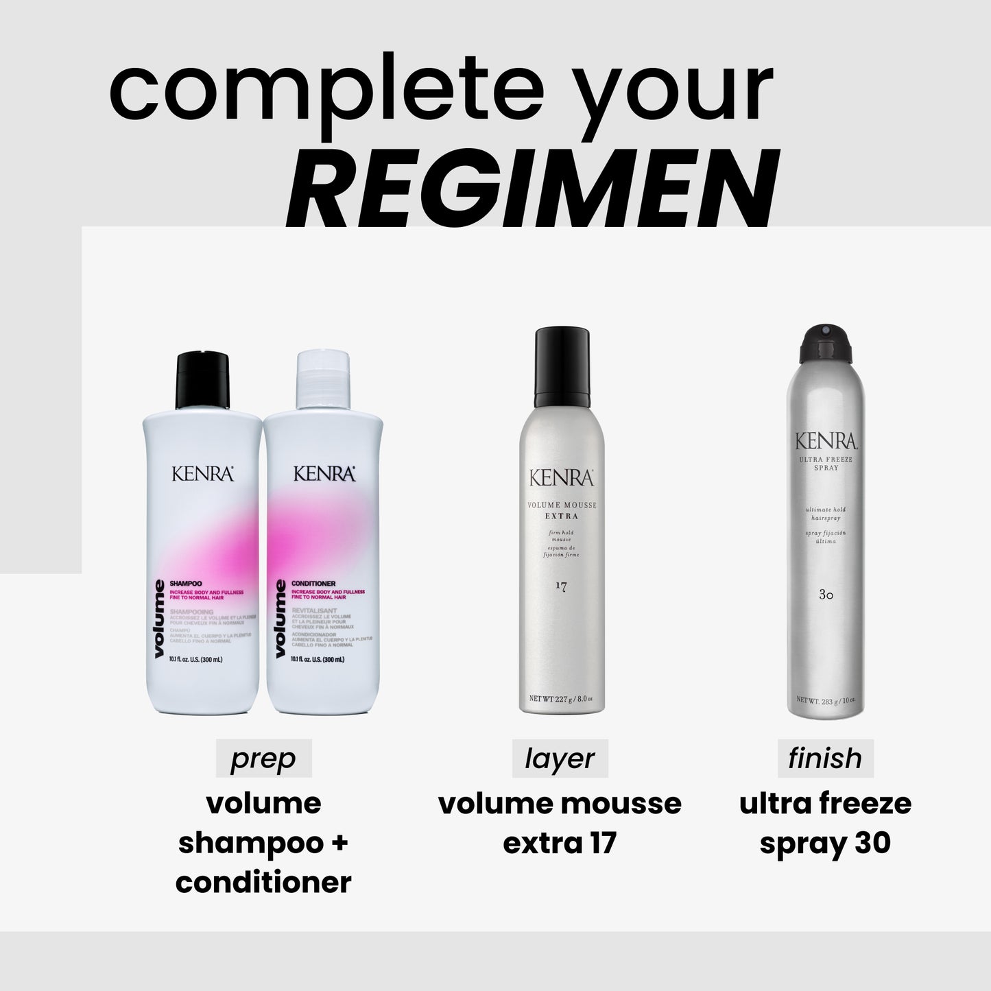 Kenra hair care products with text 'complete your regimen' on a white background