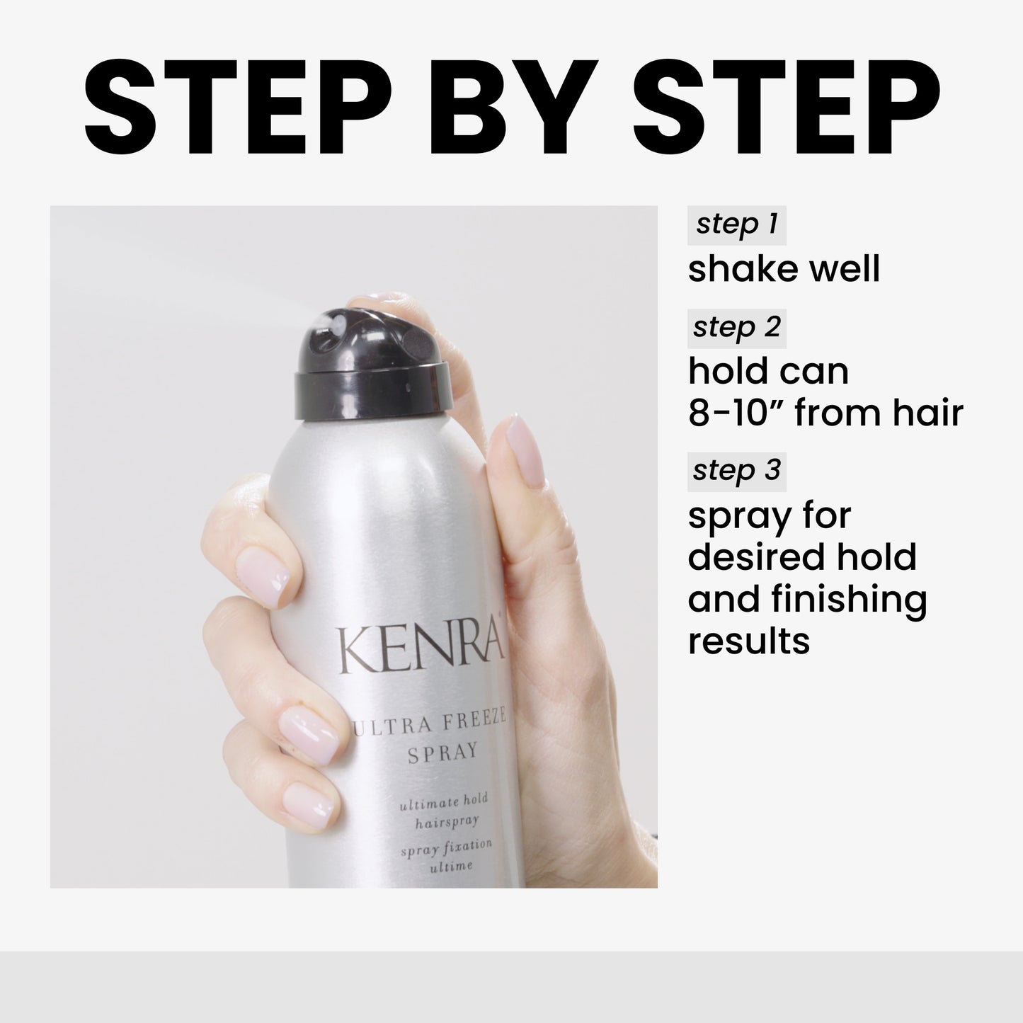 Kenra hair spray bottle held by a hand with usage instructions on a white background