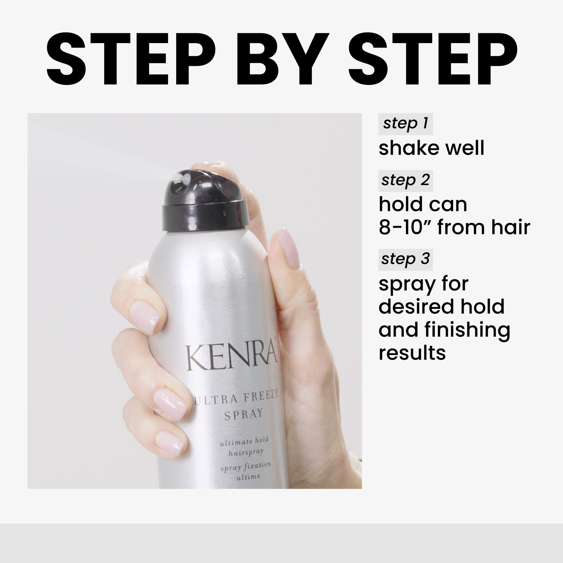 Kenra hair spray bottle held by a hand with usage instructions on a white background