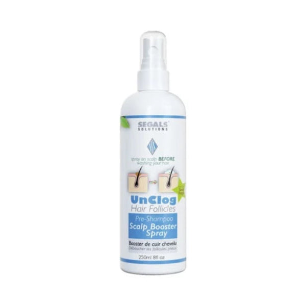 A white plastic spray bottle of Segals Solutions UnClog Hair Follicles Nis Shampoo Scalp Booster Spray, featuring blue and green accents on the label, set against a plain white background.