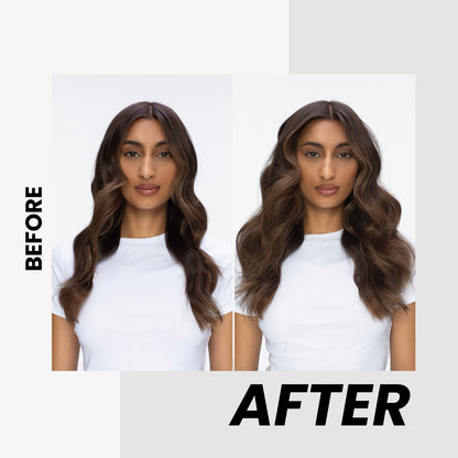 Before and after comparison of a woman with long, wavy hair Kenra Volume Spray
