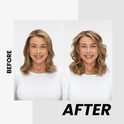 Before and after comparison of a woman with blonde hair using Kenra Volume Spray