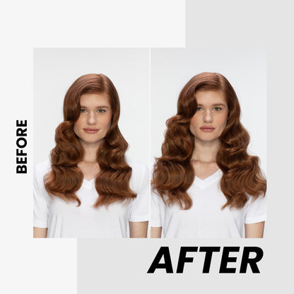 Before and after comparison of a woman with styled hair using Kenra Volume Spray