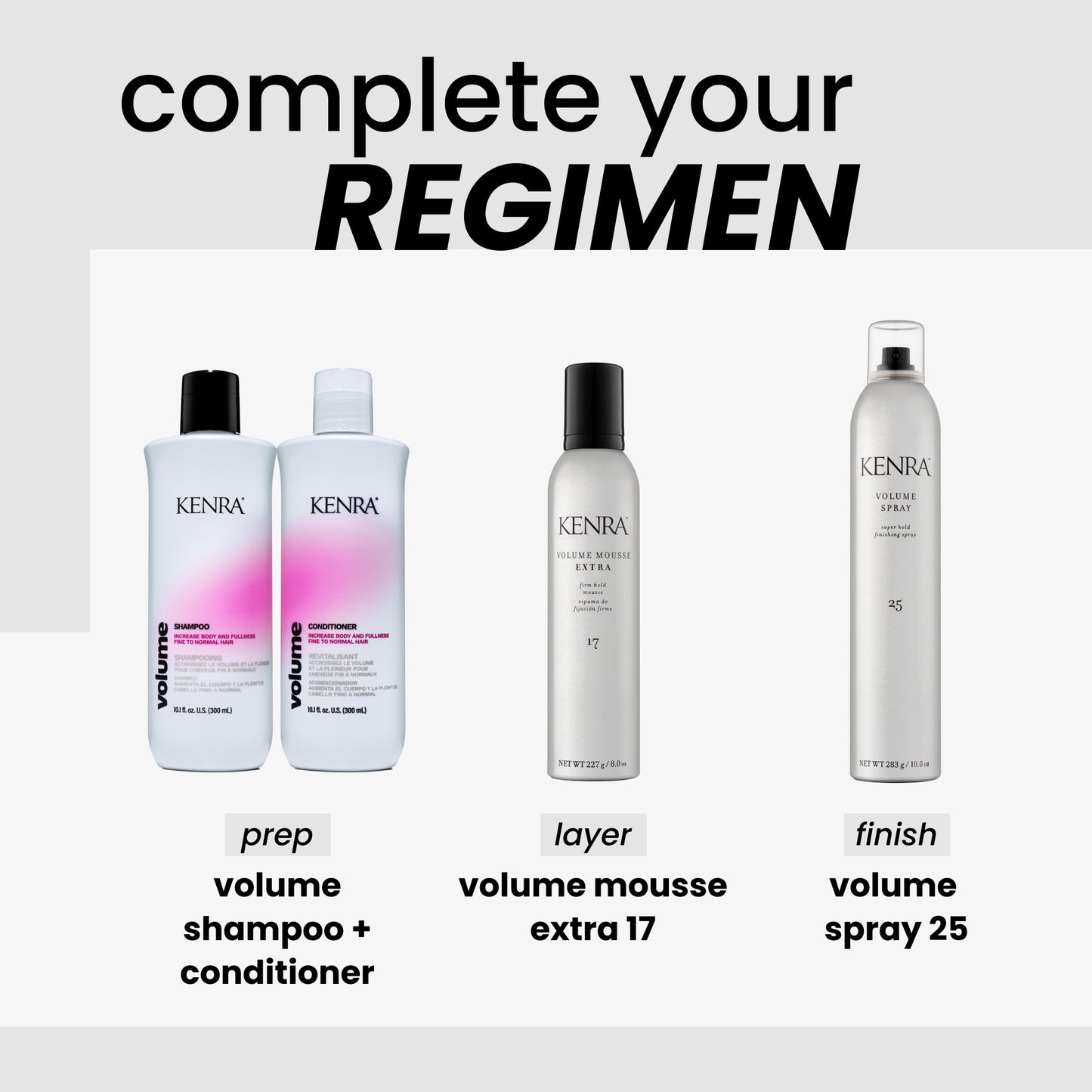 Kenra hair care products with text 'complete your regimen' 