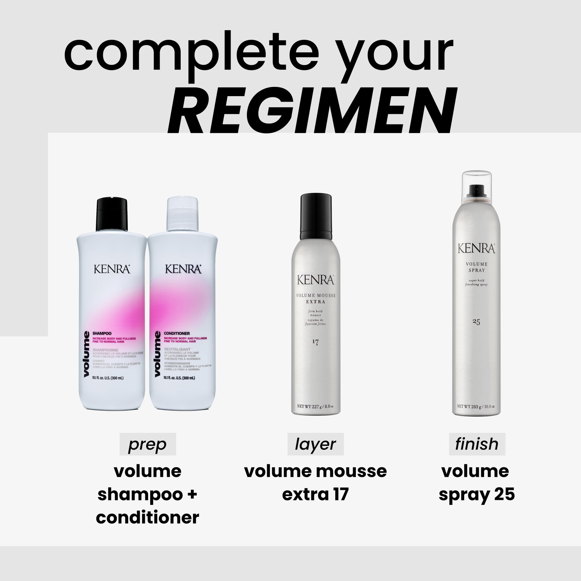Kenra hair care products with text 'complete your regimen' 