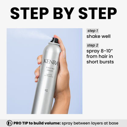 Kenra Volume Spray bottle held by a hand with usage instructions 