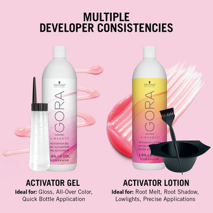 Schwarzkopf GORA multiple developer consistencies set featuring an Activator Gel bottle and applicator with an Activator Lotion bottle and applicator brush, set against a pink background with product descriptions.