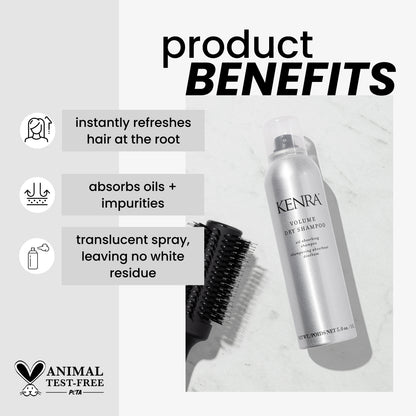 Kenra Volume Dry Shampoo with product benefits listed on a light gray background