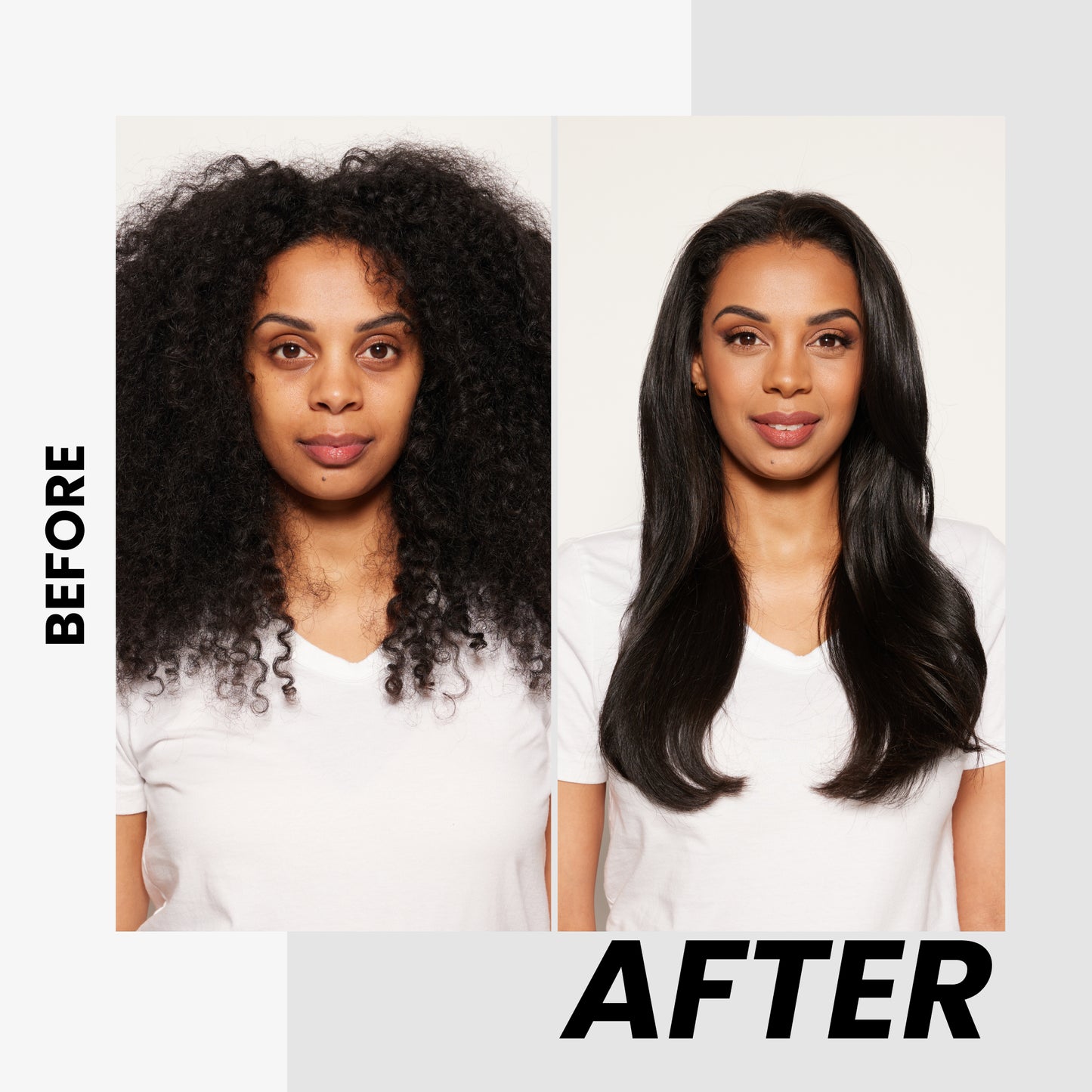 Before and after comparison of a woman with curly hair and straightened hair.