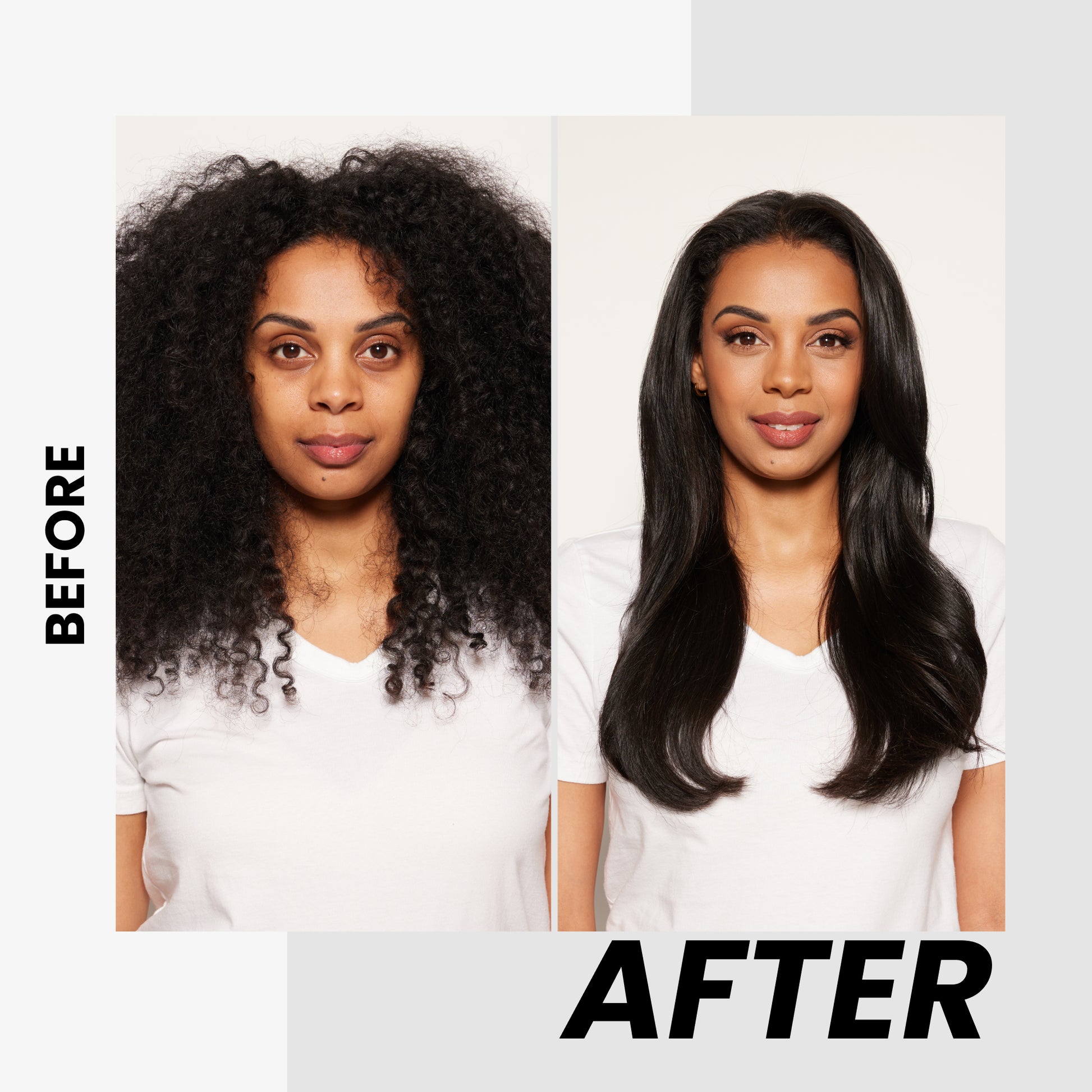 Before and after comparison of a woman with curly hair and straightened hair.