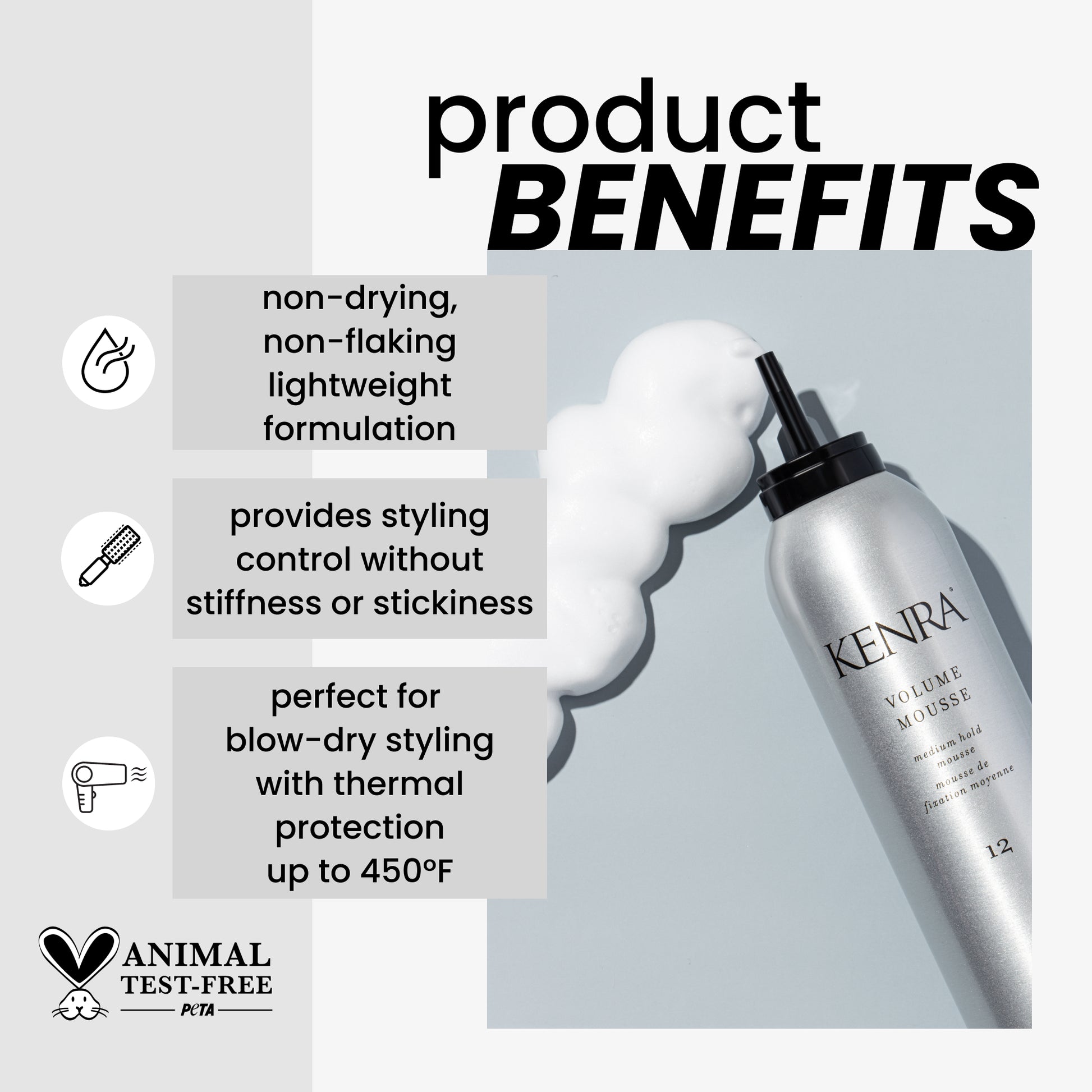 Kenra Volume Mousse bottle with product benefits listed on a gray background