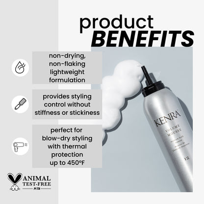Kenra Volume Mousse bottle with product benefits listed on a gray background