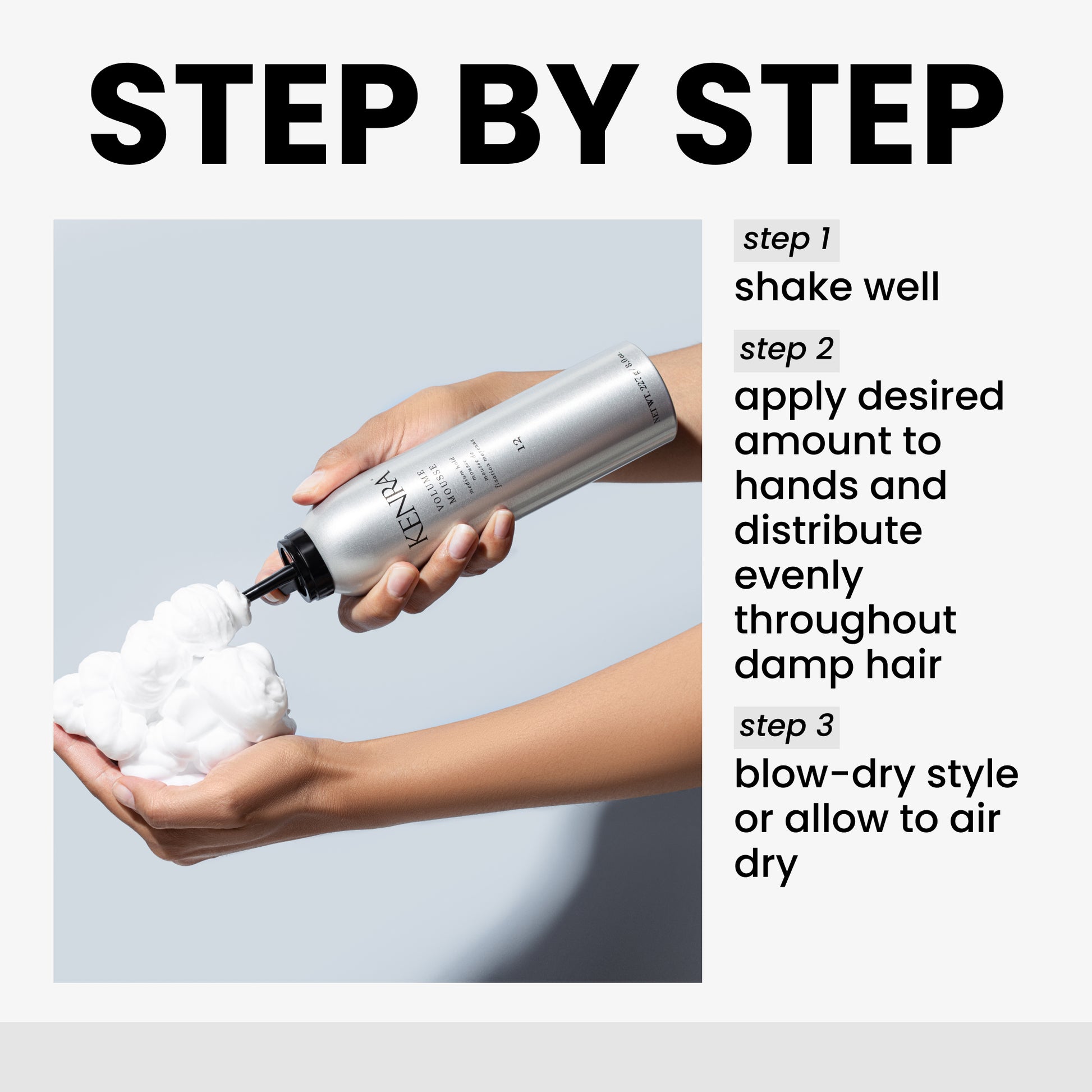 Step-by-step guide for using a hair product with a bottle and foam, on a light gray background.