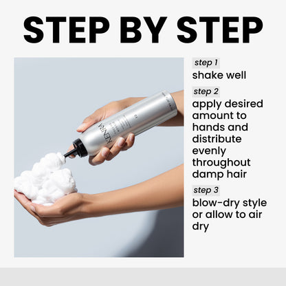 Step-by-step guide for using a hair product with a bottle and foam, on a light gray background.