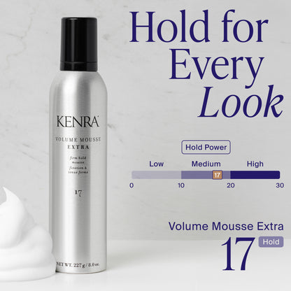 Kenra Volume Mousse Extra 17 bottle with text 'Hold for Every Look' on a gray background