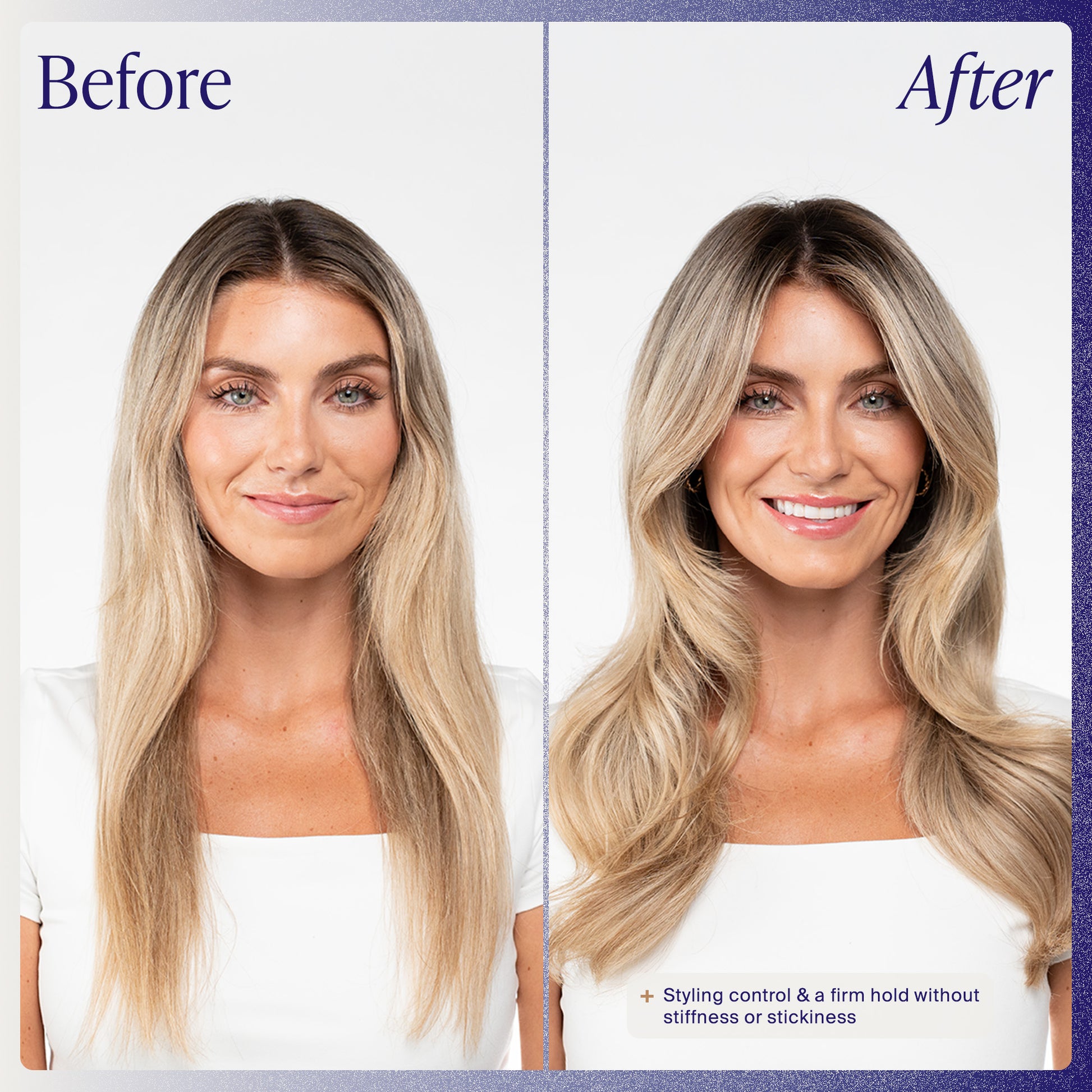 Before and after comparison of a woman with styled hair on a white background