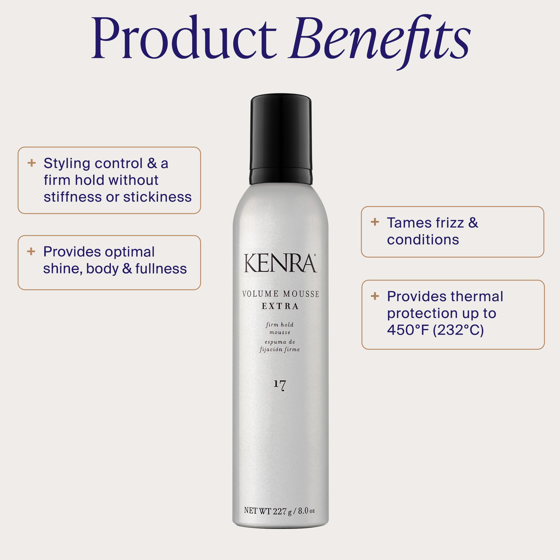 Kenra Volume Mousse Extra bottle with product benefits listed on a white background