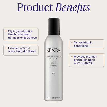 Kenra Volume Mousse Extra bottle with product benefits listed on a white background