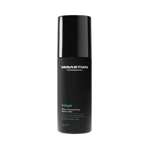 Black bottle of Sebastian Volupt max volumizing spray gel product on a white background